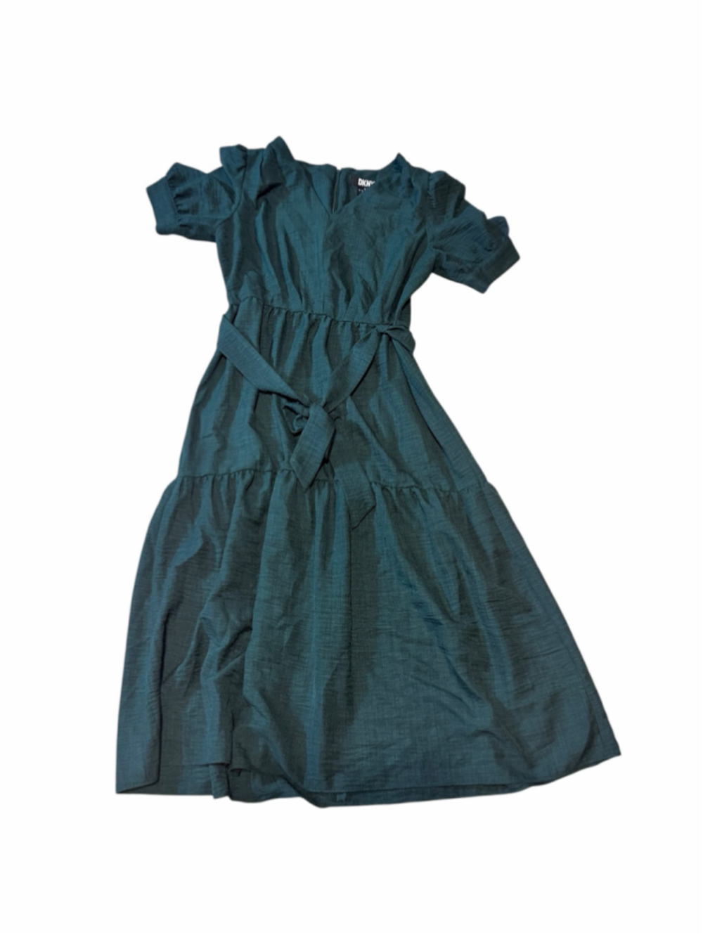 Women's DKNY Midi Dress Size 10 Green V-Neck Tie Waist